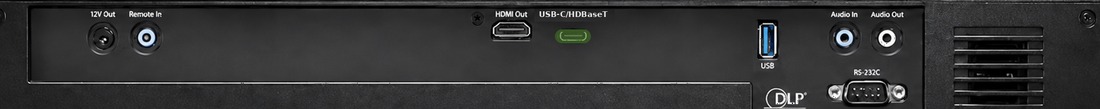 The same projector rear panel consolidated around a single USB-C source interface highlighted in green, with HDMI Out, USB, audio and RS-232C retained.
